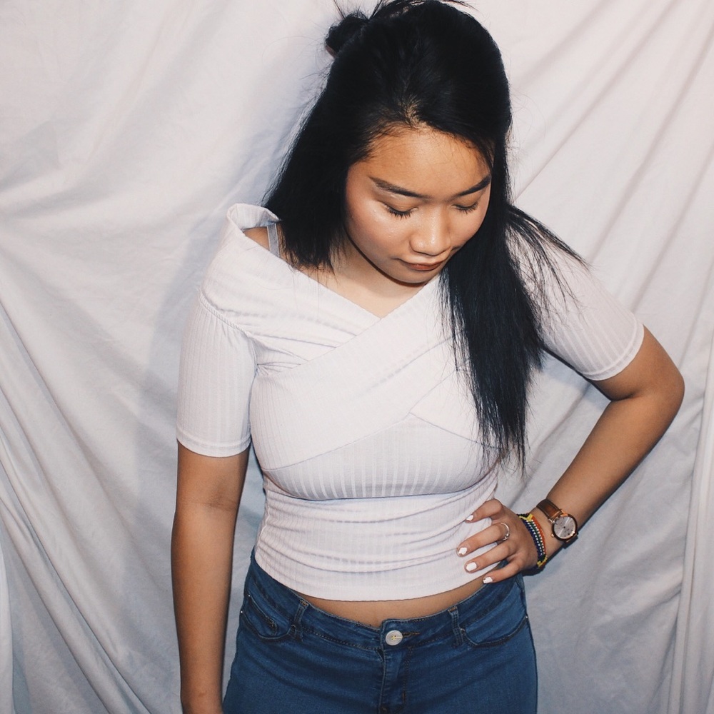 White ribbed off the shoulder cross crop top